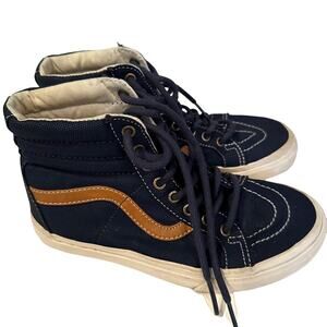Vans Navy Blue Canvas High Top Hi SK8-Hi Blue Tan Unisex Mens size 4 W 5.5 Skate